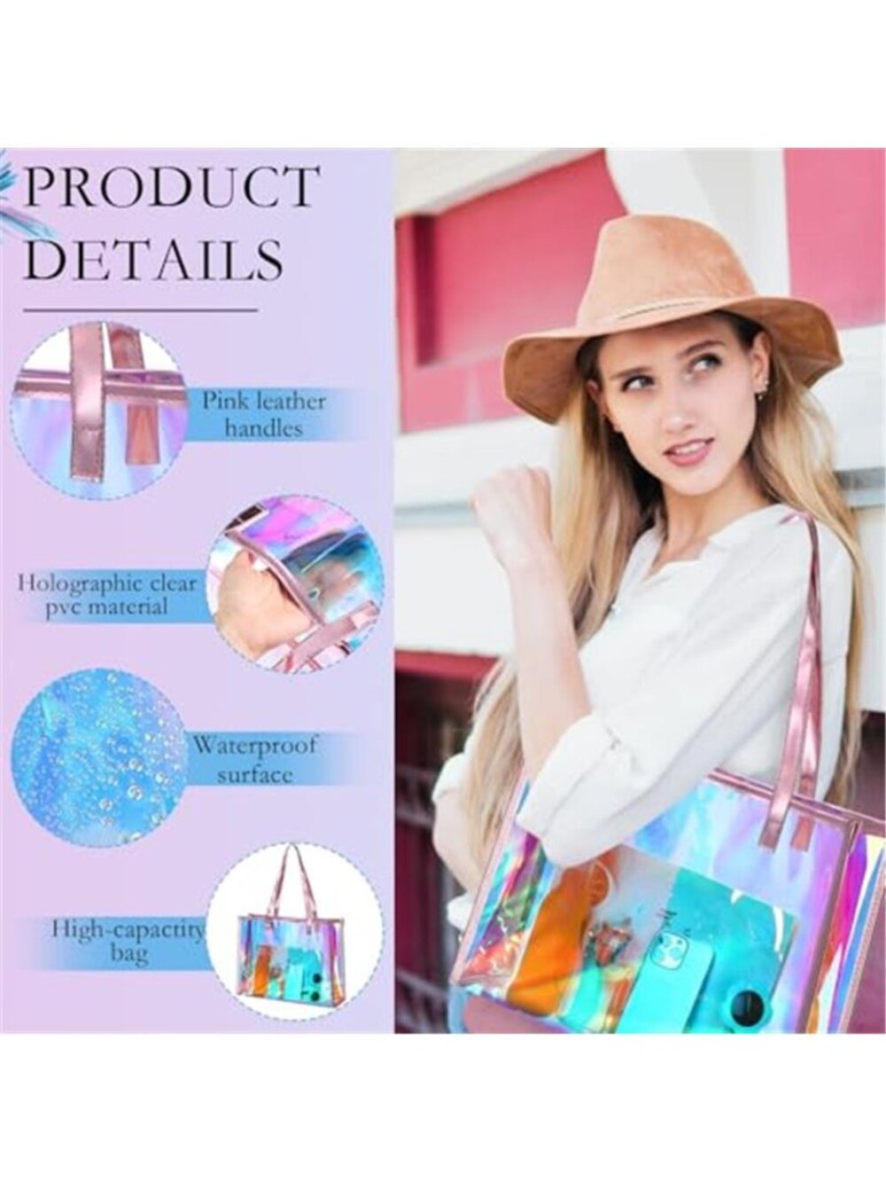 Holographic Clear Tote Bag with Leather Handle Iridescent Bachelorette - Picture 2 of 6